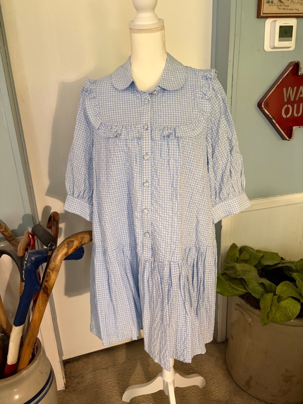 Light Blue Gingham Mini Dress with Ruffle Yoke